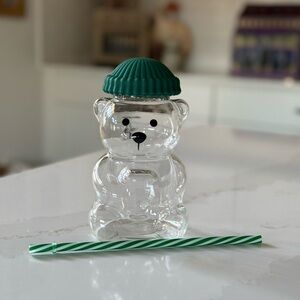 Glass Bear Shaped Cup with Green Lid and Straw - NEW